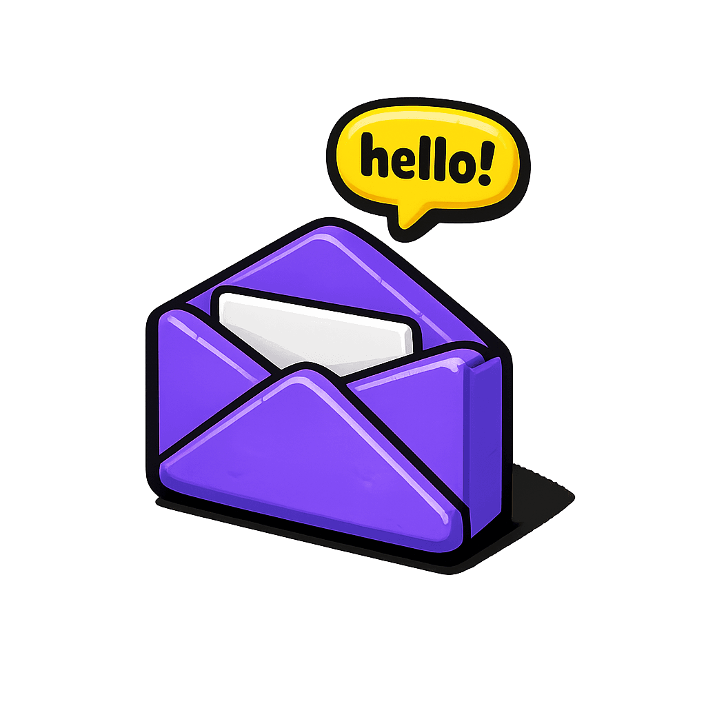 A 3D purple envelope with a hello speech bubble