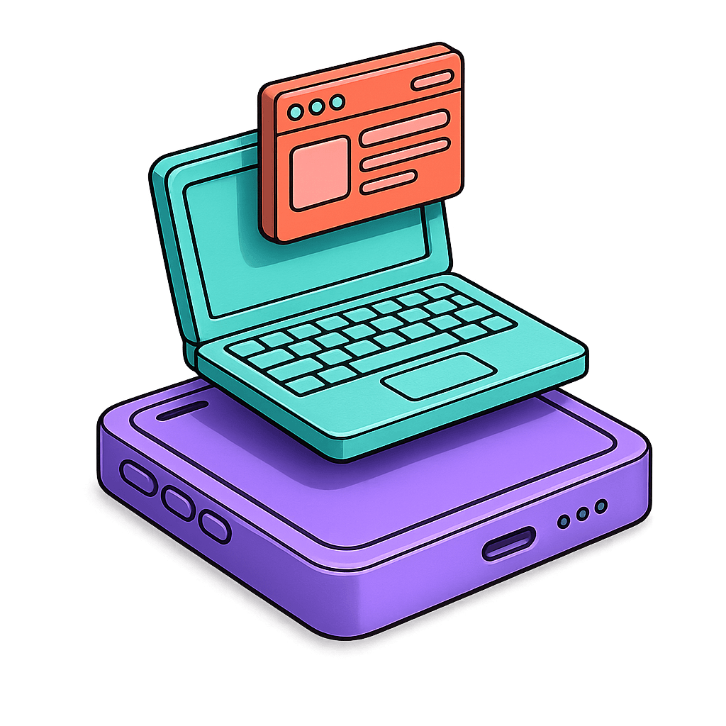 Ezzy software studio — a purple phone, teal laptop, and coral app window stacked in a 3D scene
