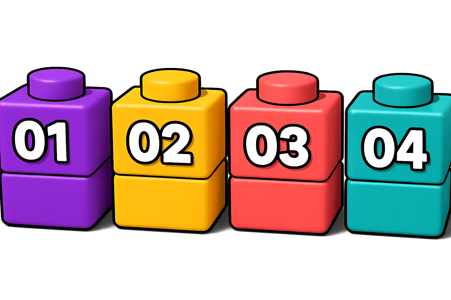 Four numbered 3D blocks — 01 02 03 04 — representing the Ezzy process